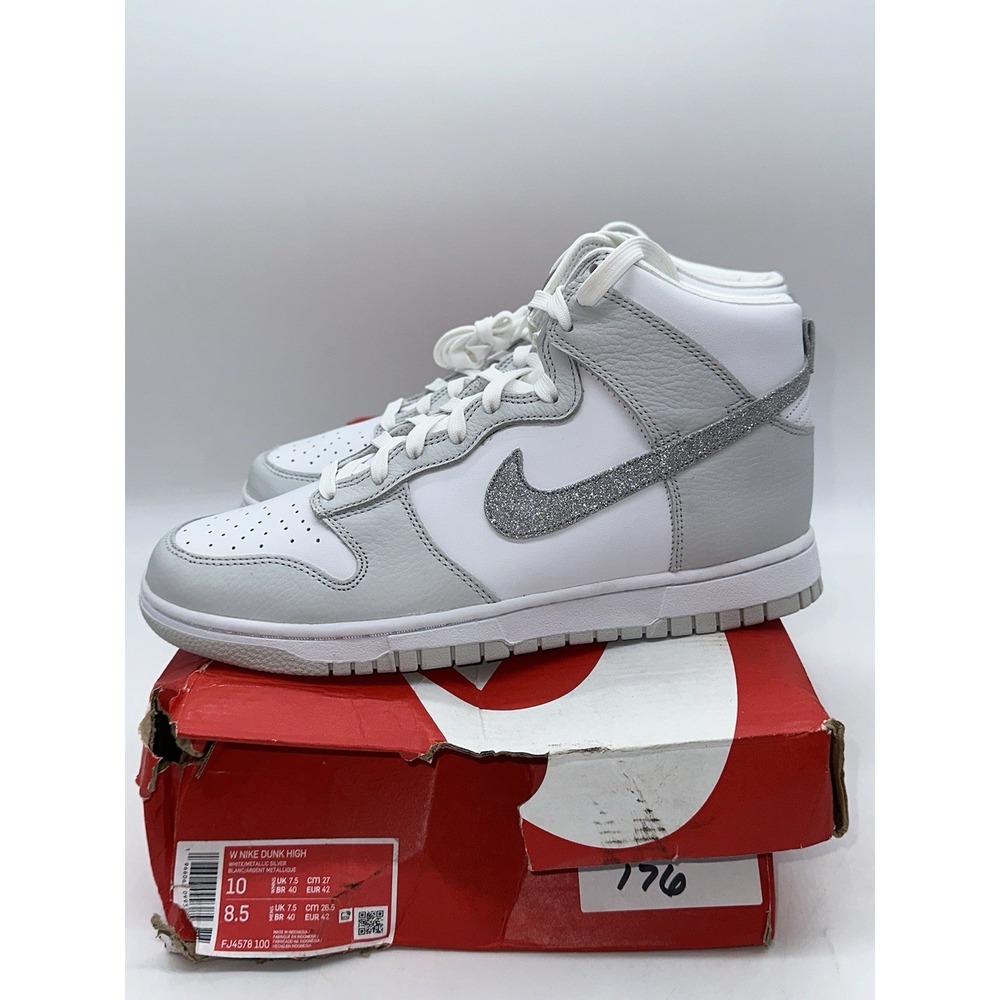 DMG Box Nike Dunk High 'Silver Glitter Swoosh' White Sneakers, Wmn 10 FJ4578-100 - Picture 4 of 12